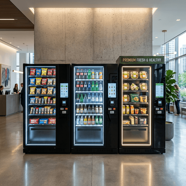 Modern glass-front vending machines in a workplace break room
